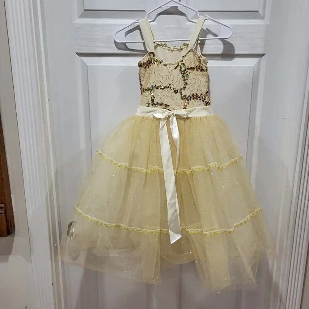 Beautiful ballerina costume Dress halloween pretend Gold tulle sequins sz LC